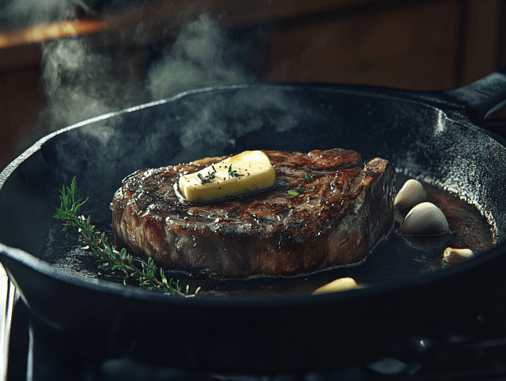 A steak searing in a cast iron skillet with butter and herbs.