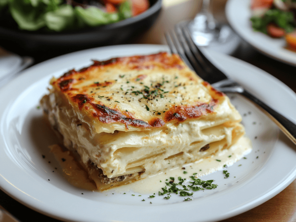 A plated slice of white lasagna with visible creamy layers. White Lasagna Recipe