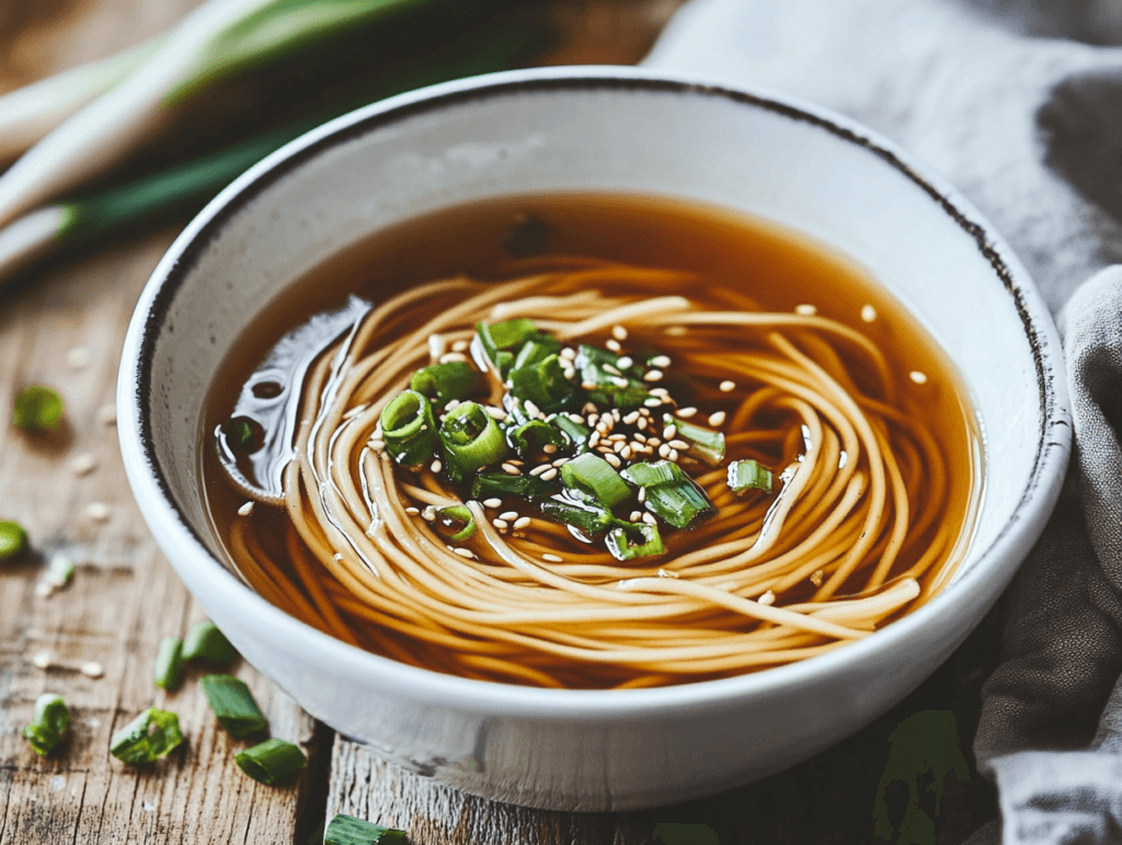 Sesame ginger noodles garnished with green onions and sesame seeds.
