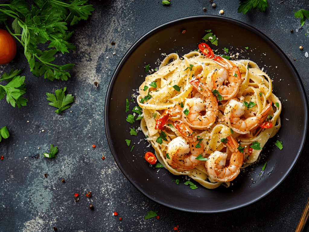 Homemade fettuccine with shrimp scampi in a white wine garlic sauce.