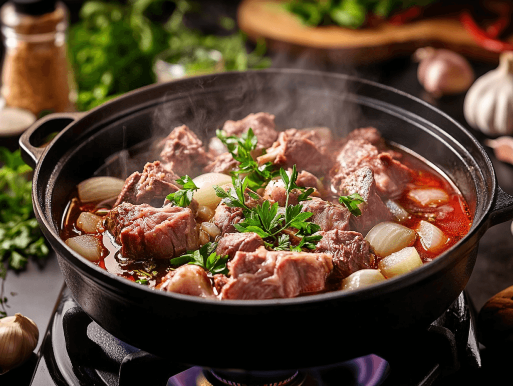 Beef bones simmering in a pot to create a rich ramen broth.
