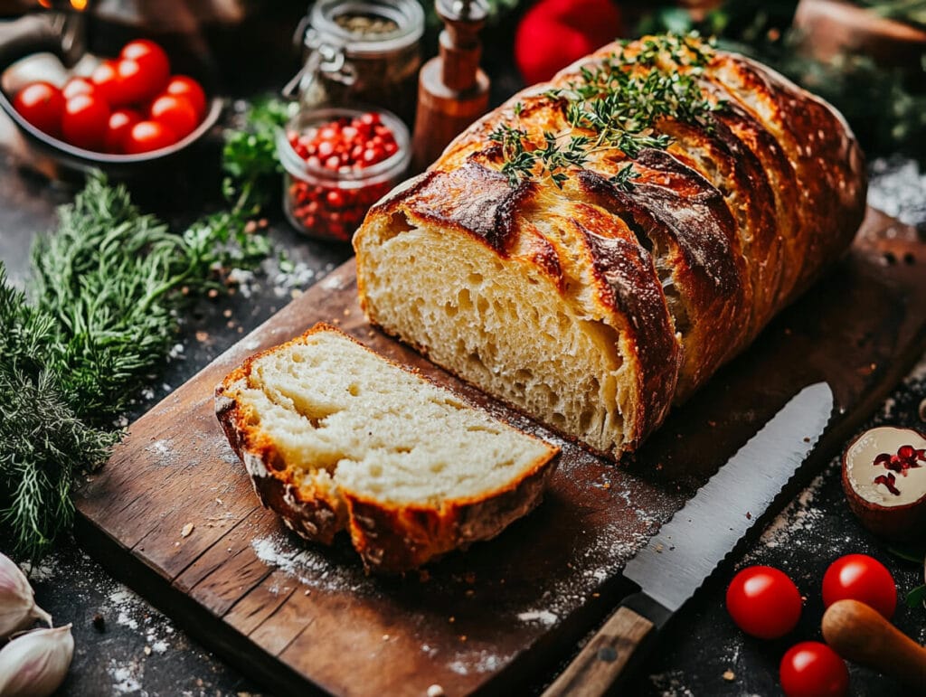 Sliced sourdough bread with a crusty exterior on a cutting board.