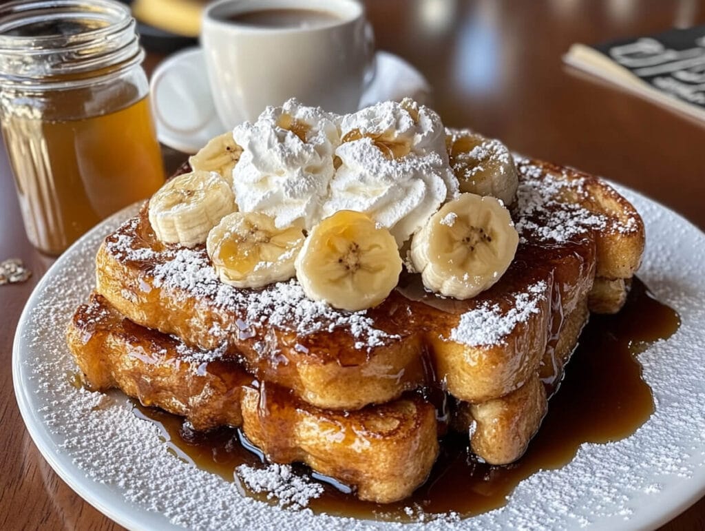 Sourdough French toast with caramelized bananas and whipped cream.
