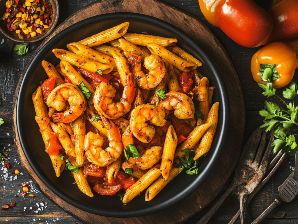 Spicy Cajun shrimp pasta with bell peppers, penne pasta, and creamy sauce.