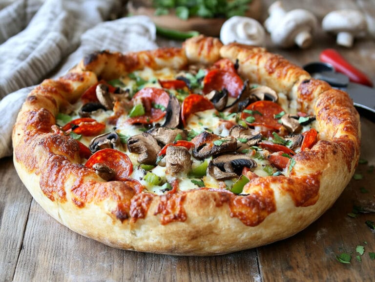 Stuffed crust pizza with cheese and toppings on a wooden table