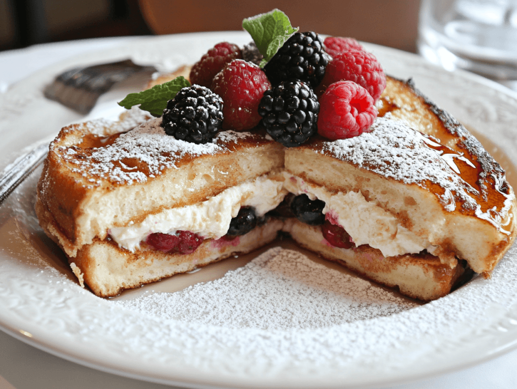 A platter of stuffed French toast with fruit and powdered sugar