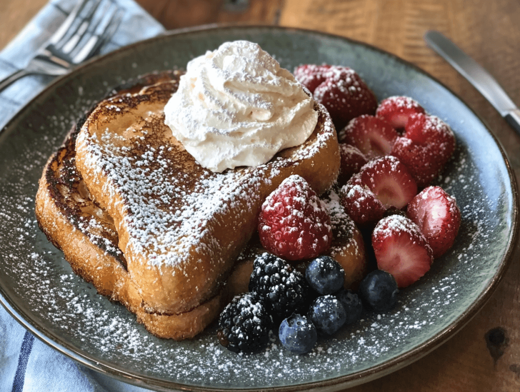Sourdough French toast topped with whipped cream, fresh fruits, and a dusting of powdered sugar.