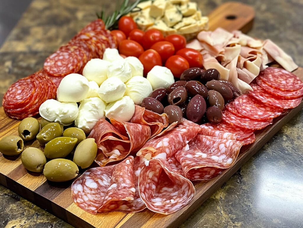 Antipasto platter with cured meats and vegetables.