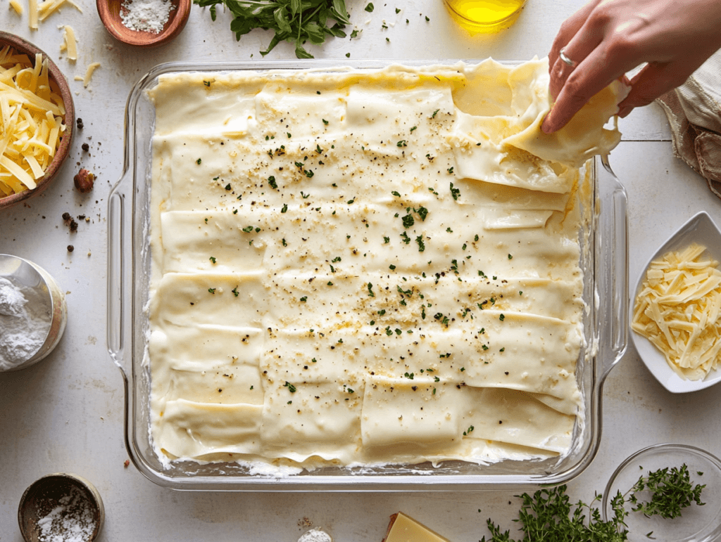 Step-by-step process of assembling white lasagna with béchamel sauce and cheese layers.