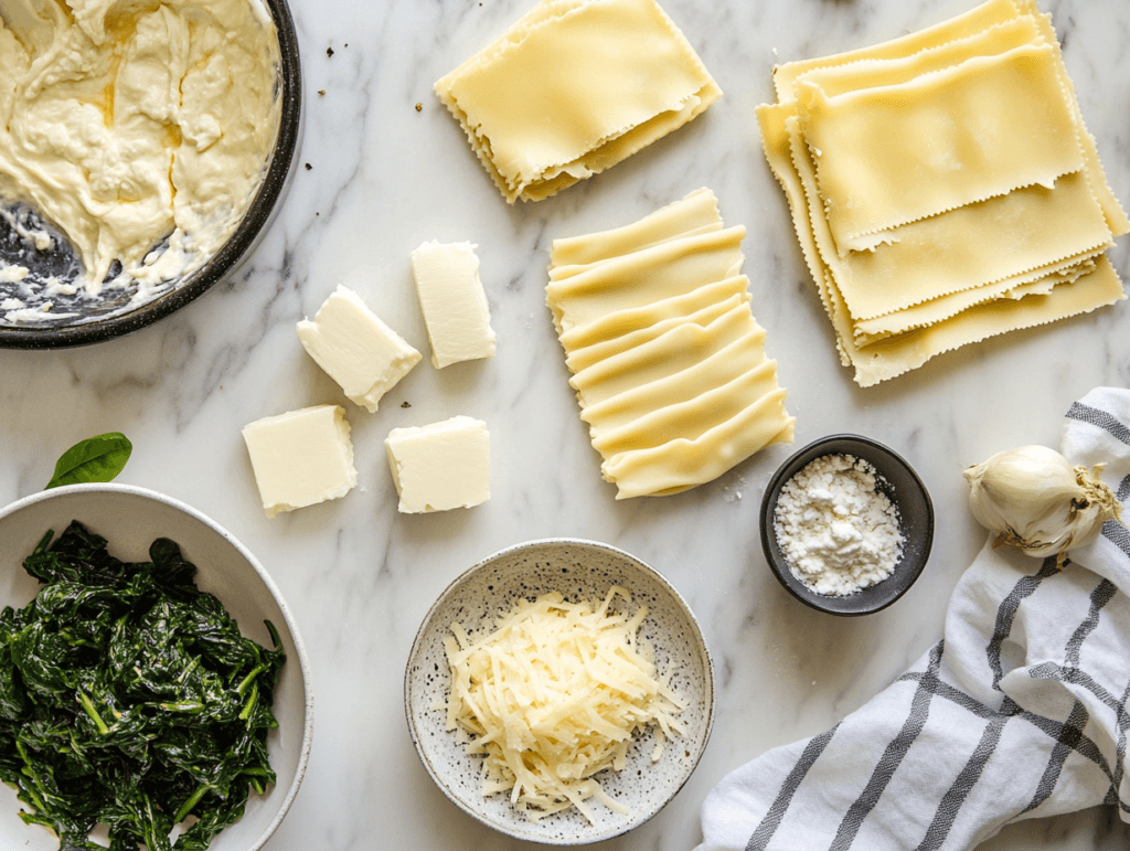 Ingredients for white lasagna laid out on a marble countertop.