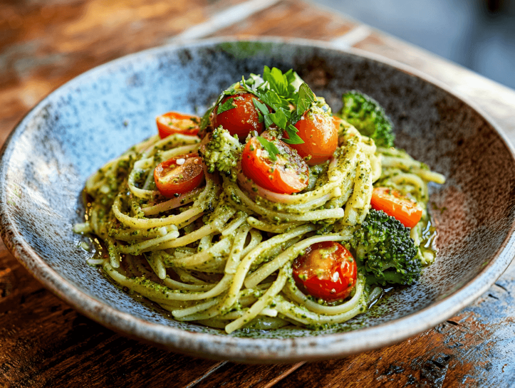 Whole wheat pasta mixed with broccoli, cherry tomatoes, and olive oil.