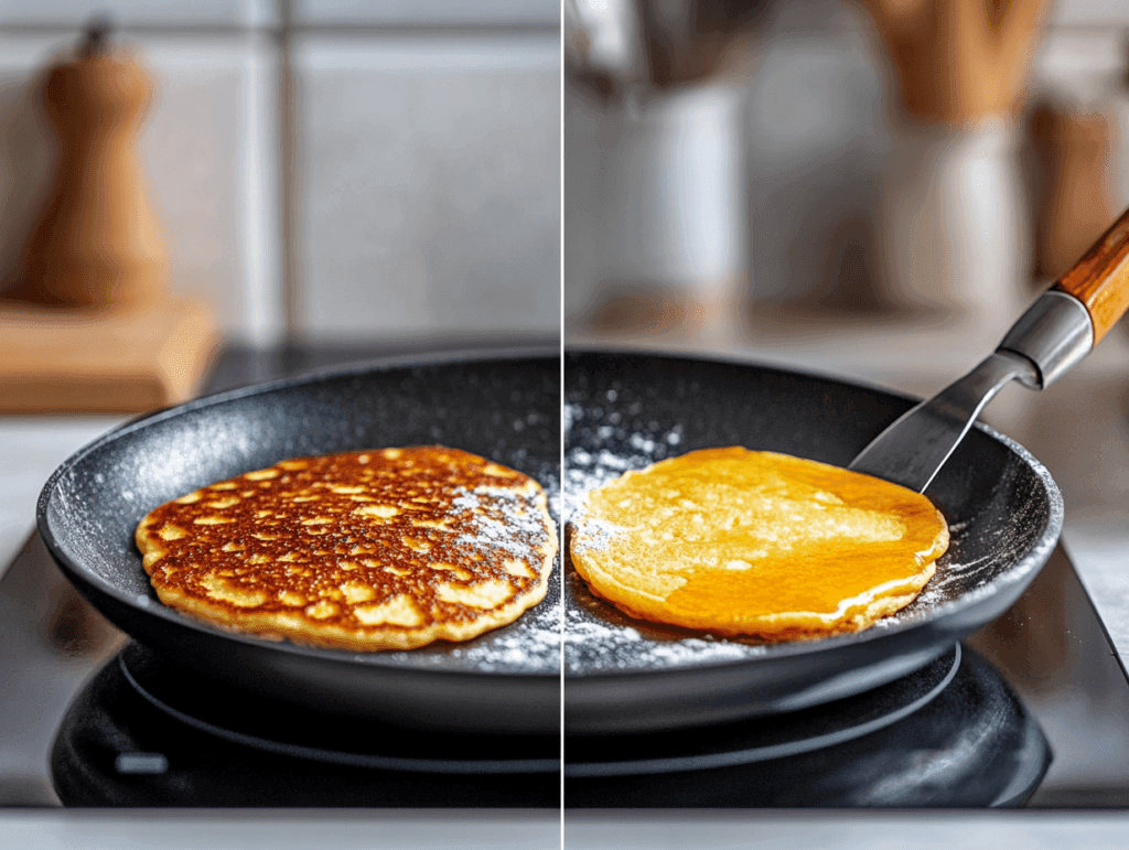 A burnt pancake next to a perfectly cooked pancake on a skillet