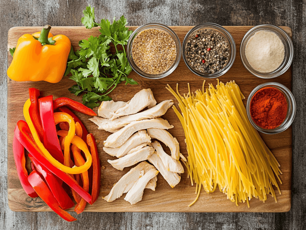 ingredients for chicken fajita pasta neatly arranged on a wooden cutting board