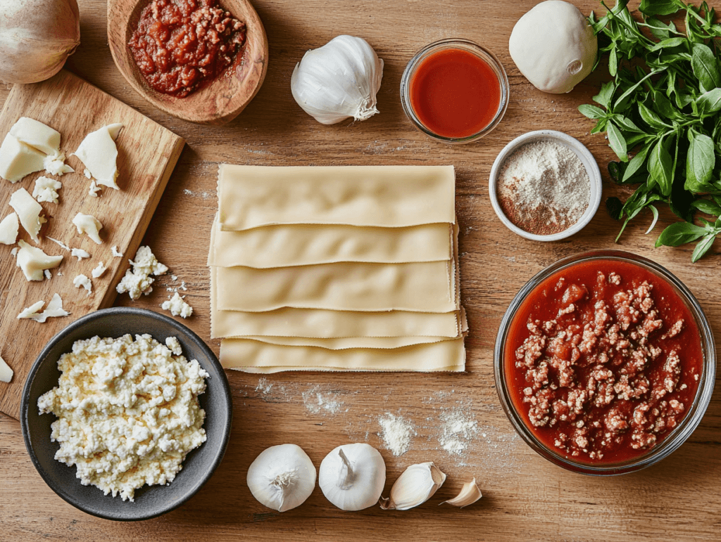 Ingredients for Barilla lasagna, including lasagna sheets, sauces, and cheese.