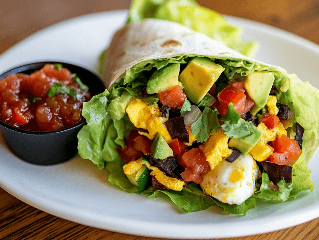 Gluten-free breakfast burrito wrapped in lettuce with eggs, veggies, and avocado.