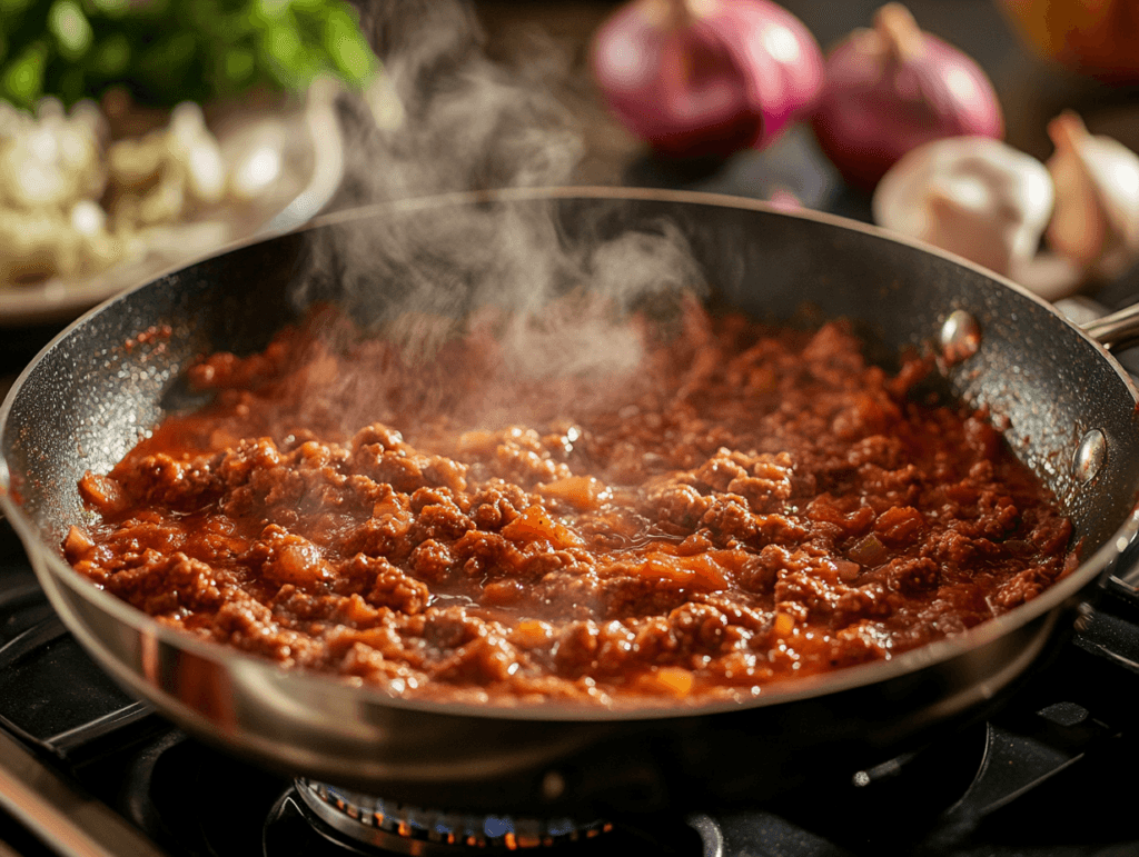 Meat sauce for Barilla lasagna simmering in a pan with fresh ingredients.