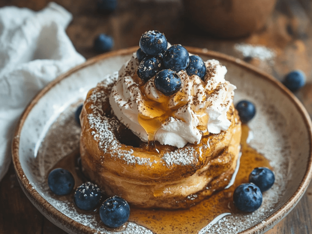 Cinnamon roll French toast topped with whipped cream and blueberries.