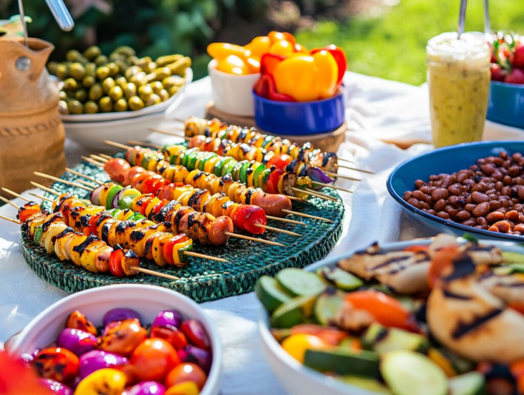 What Goes Well With Mini Hotdogs? 3 A summer picnic spread with mini hotdogs, grilled vegetables, and baked beans.