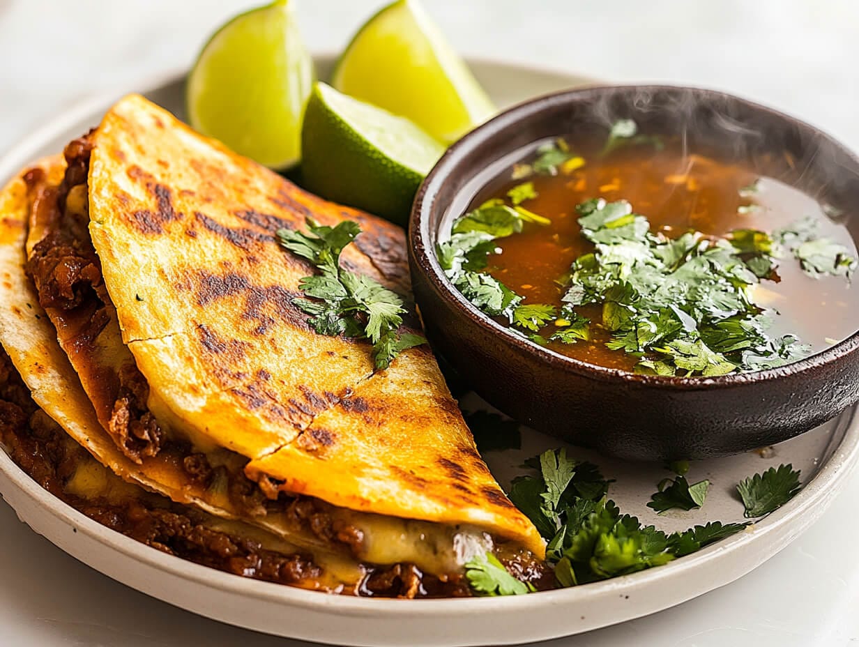 Birria Quesadillas 2 A plate of birria quesadillas served with consommé.