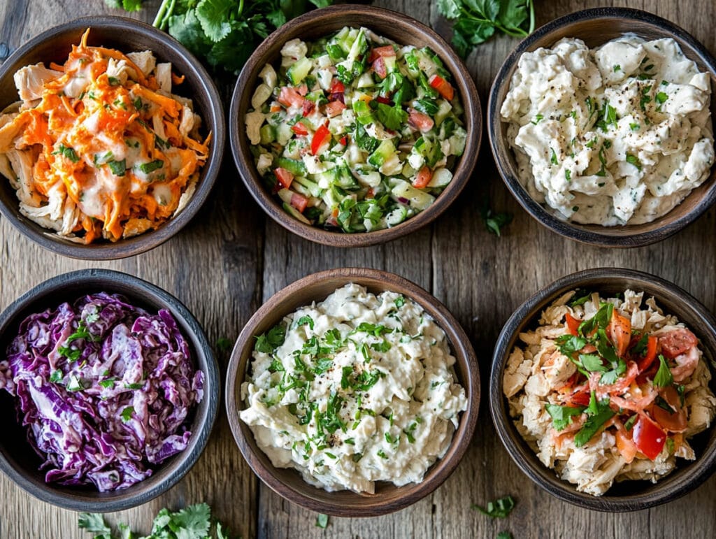 Chicken Salad Chick Menu 3 Different flavors of chicken salad in bowls.