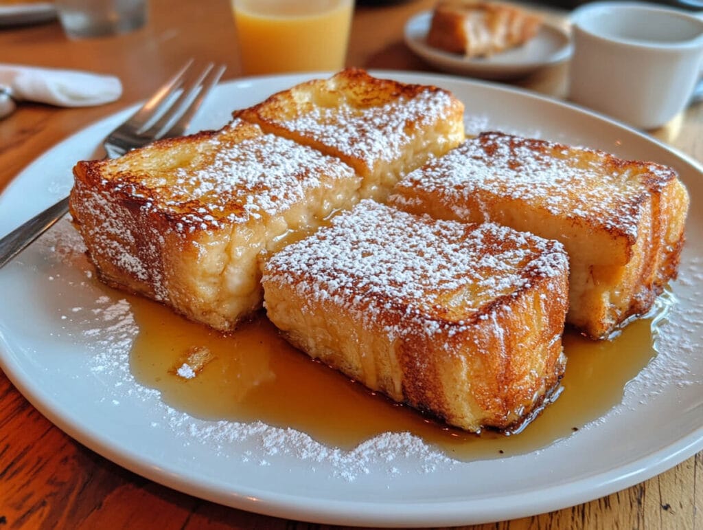 Classic French toast with syrup and powdered sugar