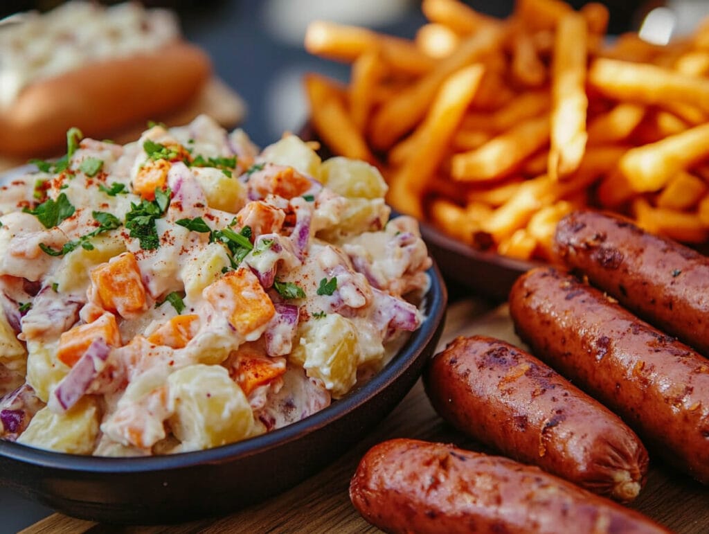 What Goes Well With Mini Hotdogs? 2 Potato salad and sweet potato fries served with mini hotdogs.
