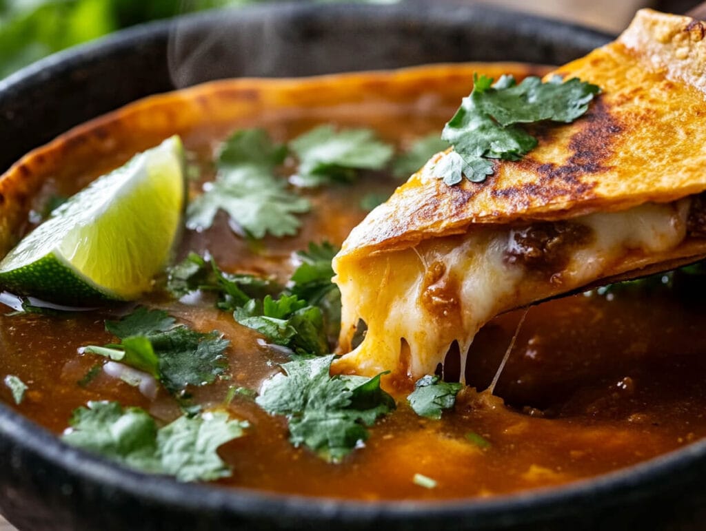 A quesadilla being dipped into consommé.