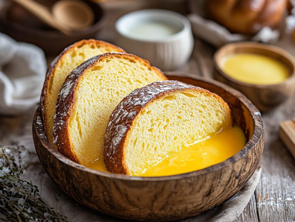 Thick sliced brioche bread and egg mixture for French toast