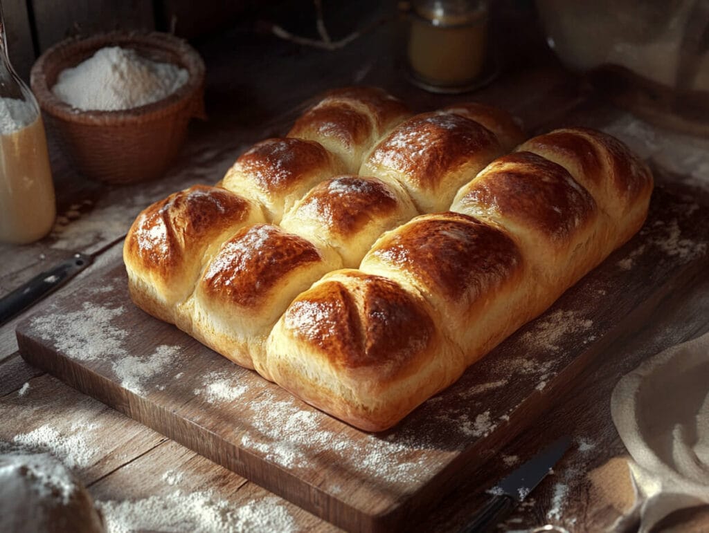 Freshly baked brioche loaves on a wooden board