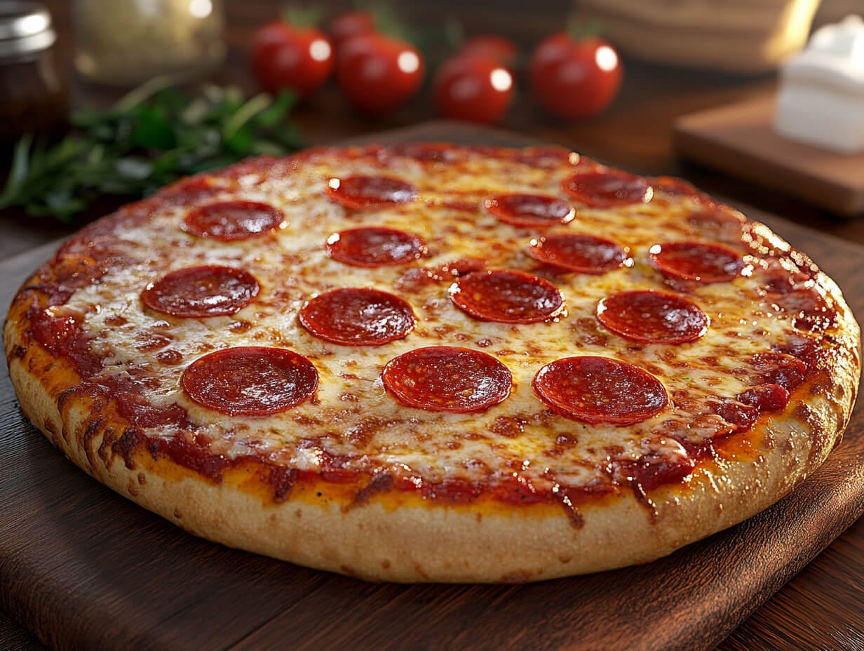 Digiorno Pizza 2 A freshly baked DiGiorno pizza with a rising crust, surrounded by toppings and ingredients.