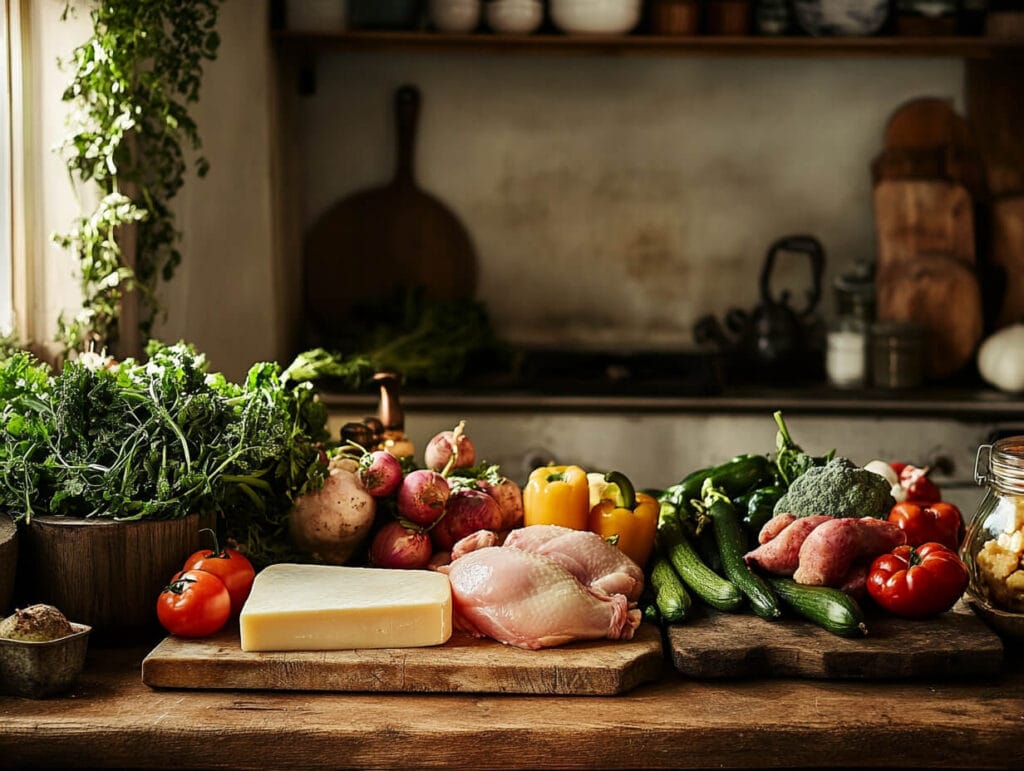 Fresh vegetables, proteins, and cheeses for improving casserole flavor.