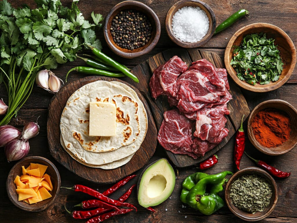 Ingredients for birria quesadillas laid out on a table.