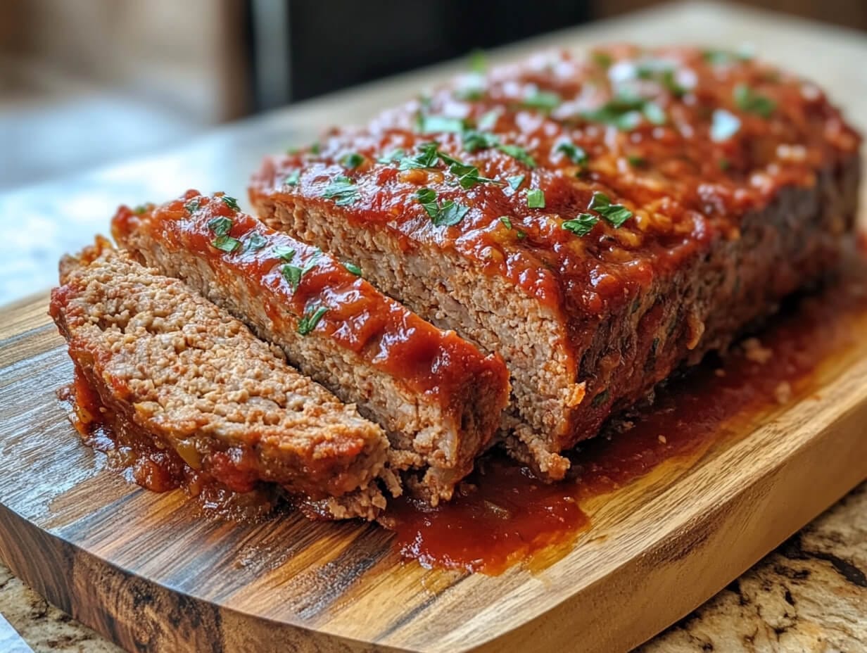 Italian meatloaf on a serving plate with basil garnish