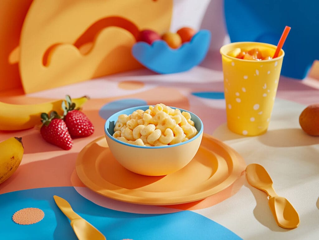 Chicken Salad Chick Menu 6 A kids’ meal with macaroni and cheese, fruit, and a drink.