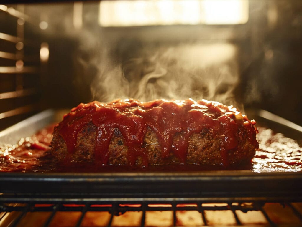 Italian meatloaf baking in an oven with tomato glaze