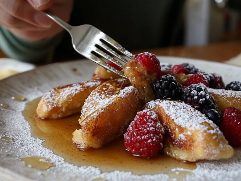 Golden-brown French toast with powdered sugar and berries