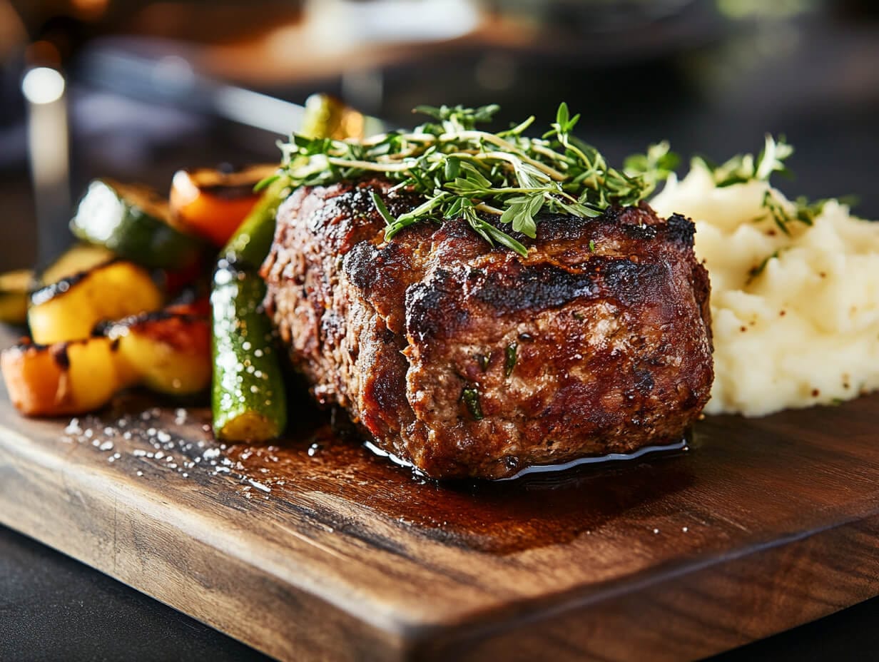 Smoked Meatloaf Recipe 2 Smoked meatloaf served on a wooden platter with sides.