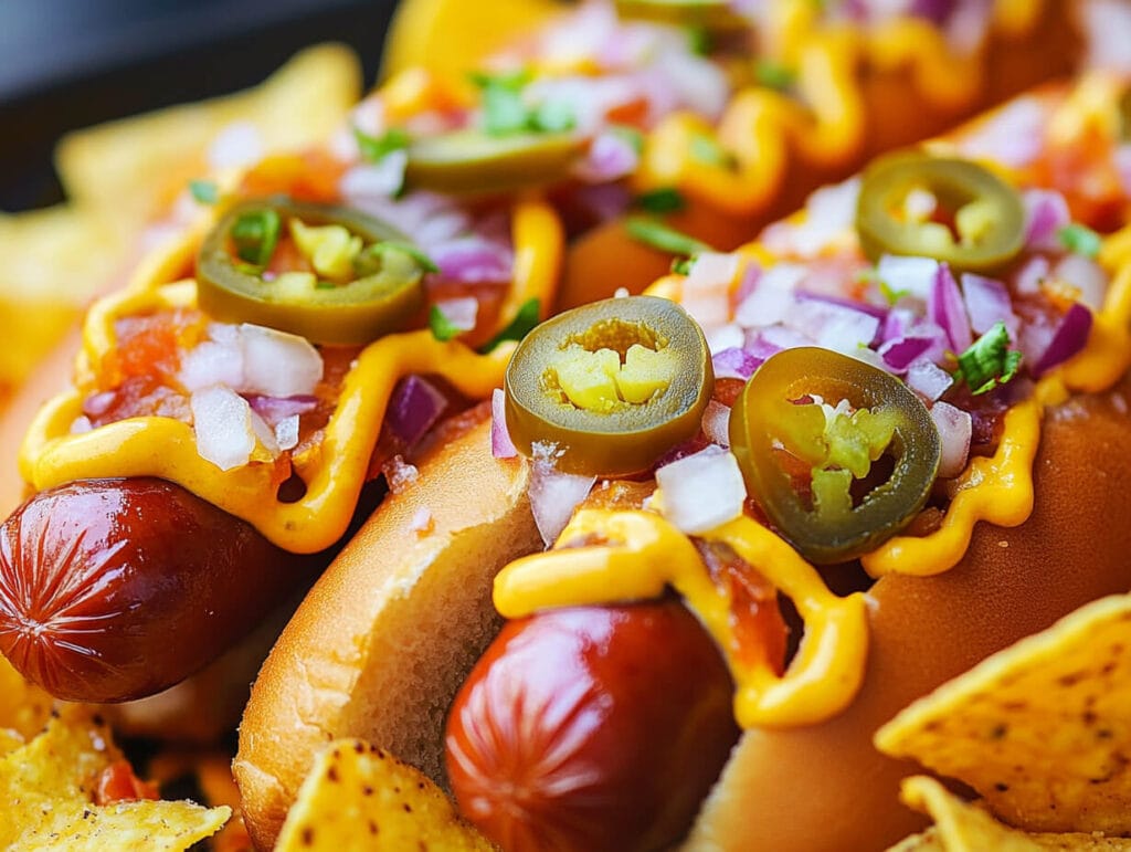 What Goes Well With Mini Hotdogs? 4 Mini Chicago-style hotdogs and Tex-Mex nachos on a colorful plate.
