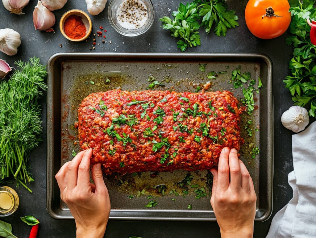 Hands shaping Italian meatloaf on a baking sheet