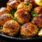 Close-up of juicy garlic butter chicken bites in a skillet, garnished with parsley and lemon – perfect for an easy lunch recipe.